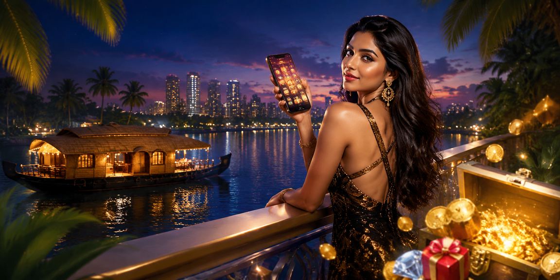 Scenic Kerala backwaters and beach with mobile casino theme